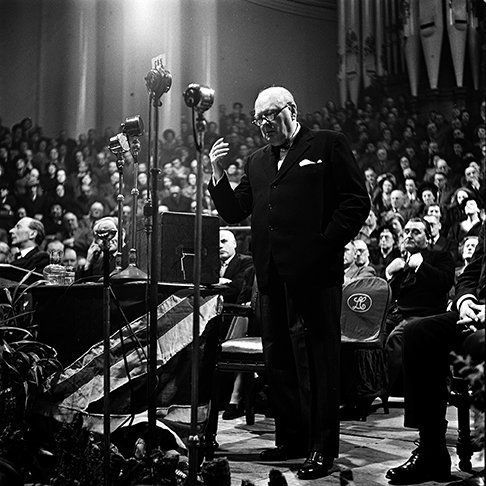 Leeds, England. 1950. Winston Churchill, Conservative politician and British Prime Minister between the years 1940-45, and 1951-55, is pictured making a speech.