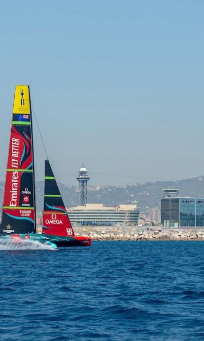 Emirates Team New Zealand sail their AC75 Te Rehutai in Barcelona