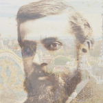 Superposició d'un retrat d'Antoni Gaudí (1878) de Pau Audouard, sobre les vistes del Parc Güell @ The New Barcelona Post