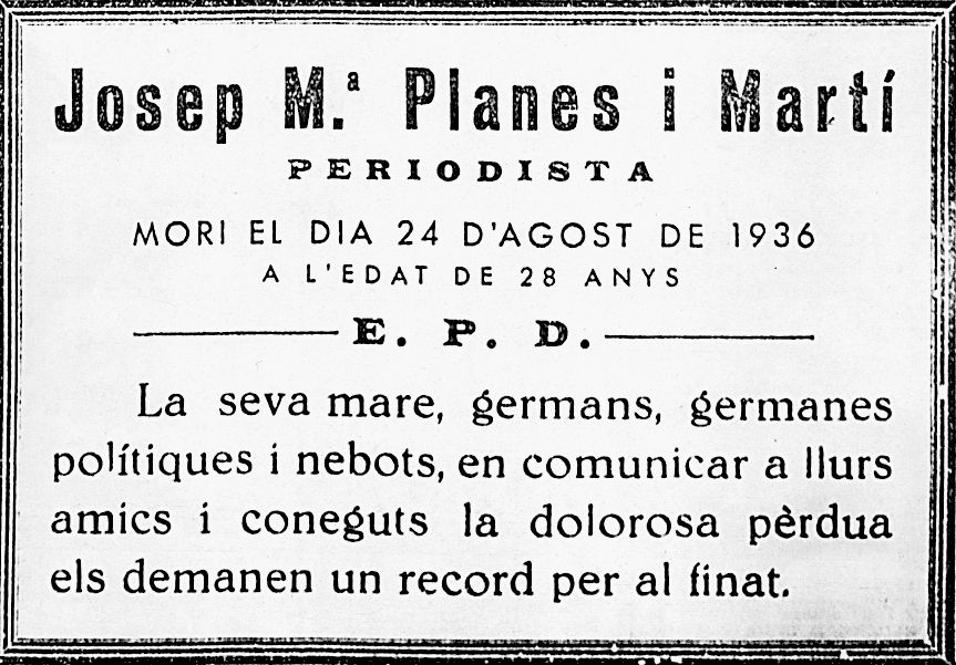 Esquela de Josep Maria Planes tras su asesinato. 