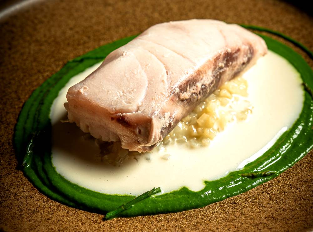 Corvina Salvaje con apio mantecado y crema de Parmigiano Reggiano 24 meses restaurante imprevisto