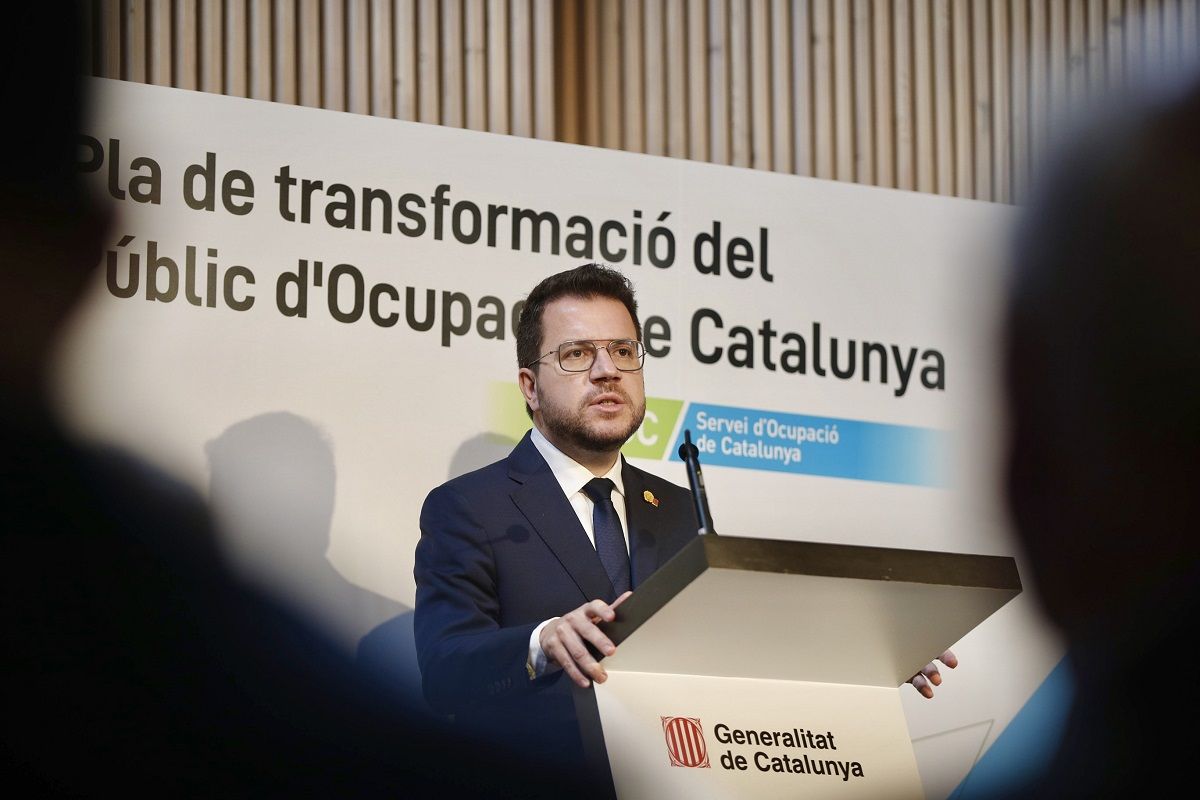 El president Pere Aragonès, durant la presentació del Pla de transformació del Servei Públic d'Ocupació de Catalunya (SOC)