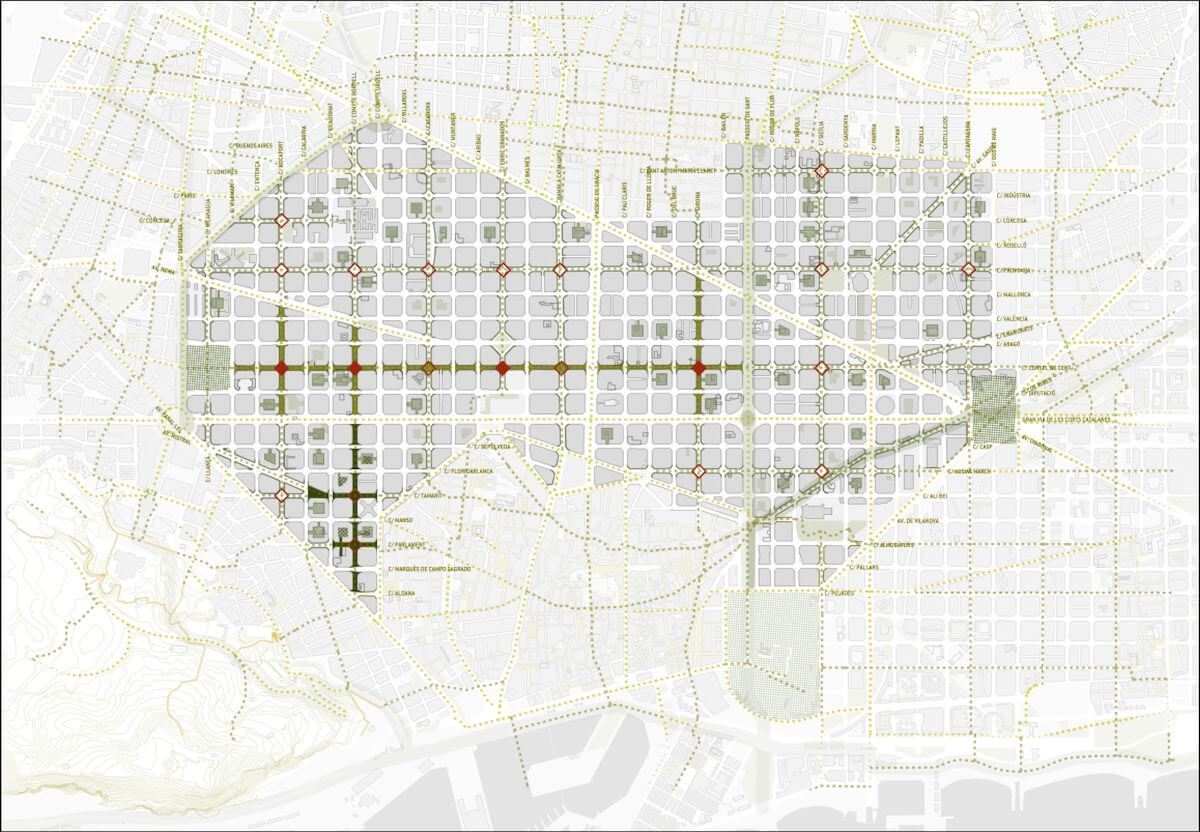 La transformación del Eixample empezará con cuatro ejes verdes (marcados en el mapa en verde) y cuatro plazas (en rojo).