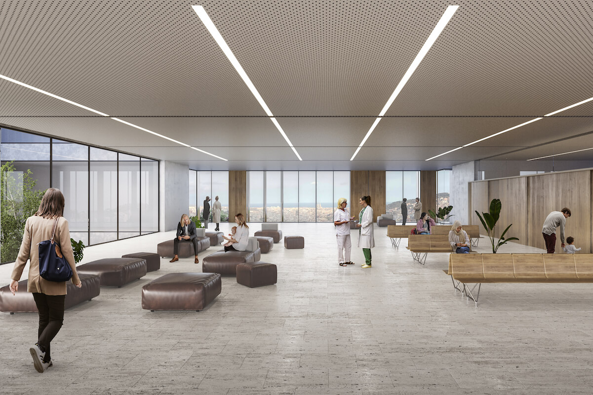 Render sala espera vistas ciudad ambulatorio Vall d'Hebron