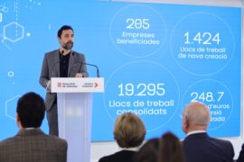 El conseller d’Empresa i Treball de la Generalitat, Roger Torrent i Ramió, durant la presentació dels ajuts.